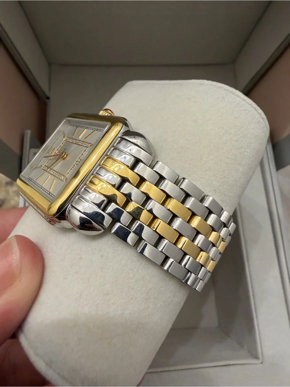 Michele Two-Tone Gold and Silver Rectangular Diamond Accent Dress Watch